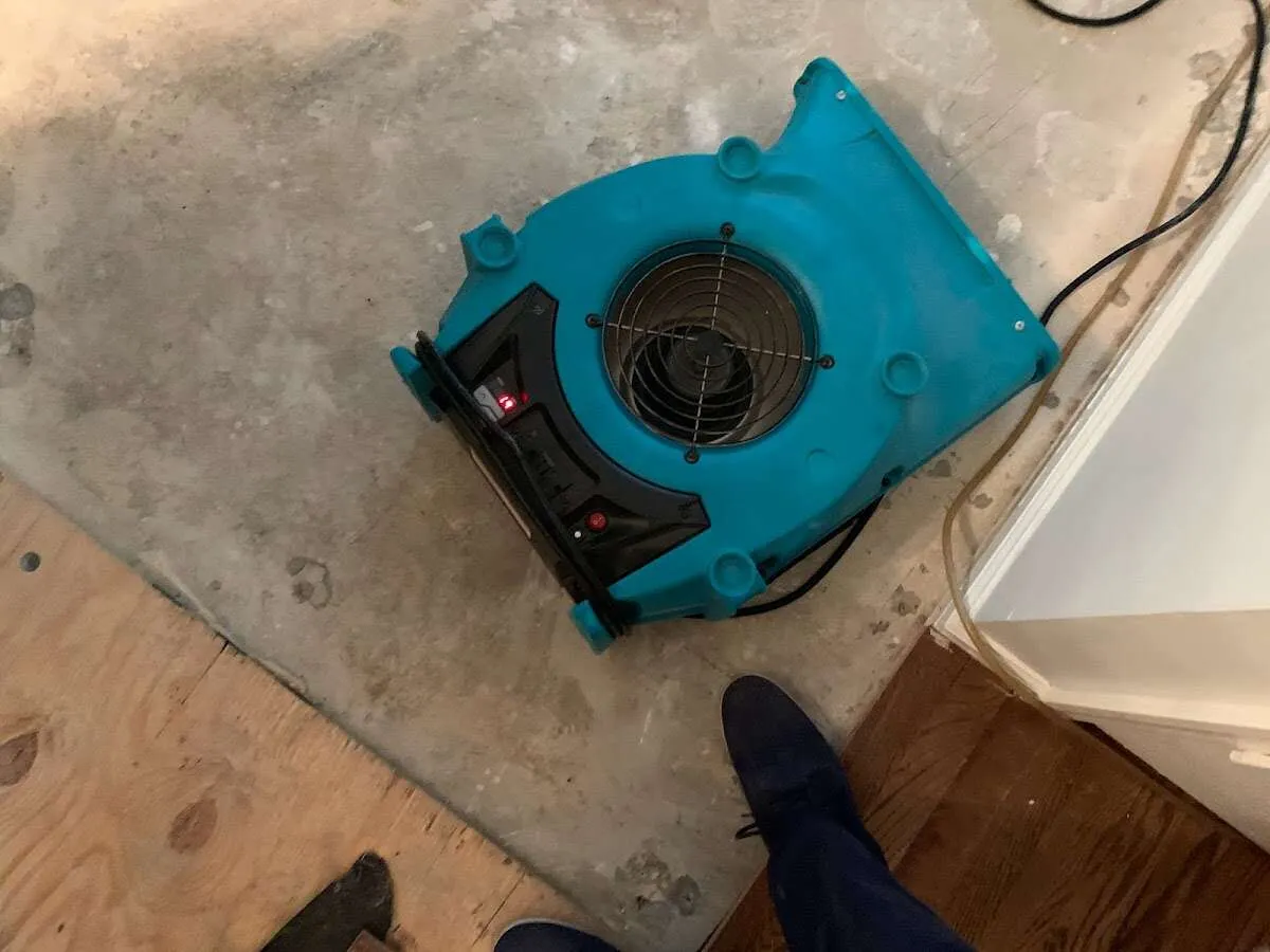 Air mover drying subfloor during Commercial Water Damage Restoration in Harborcreek